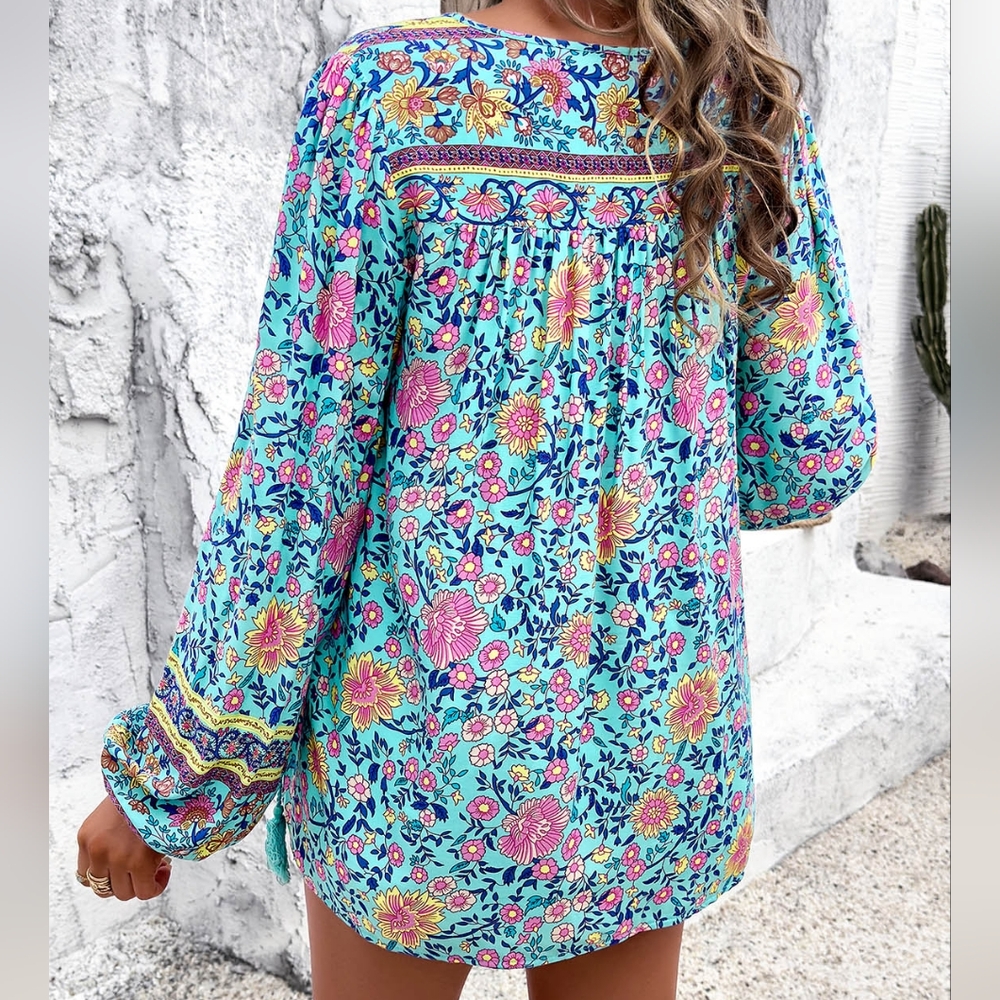 Floral Aqua Bohemian Blouse with Tassels - Picture 3 of 9